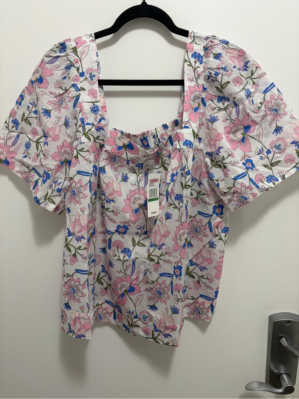 Vineyard Vines Pink and Blue Floral Puff-Sleeve Square Neck Top